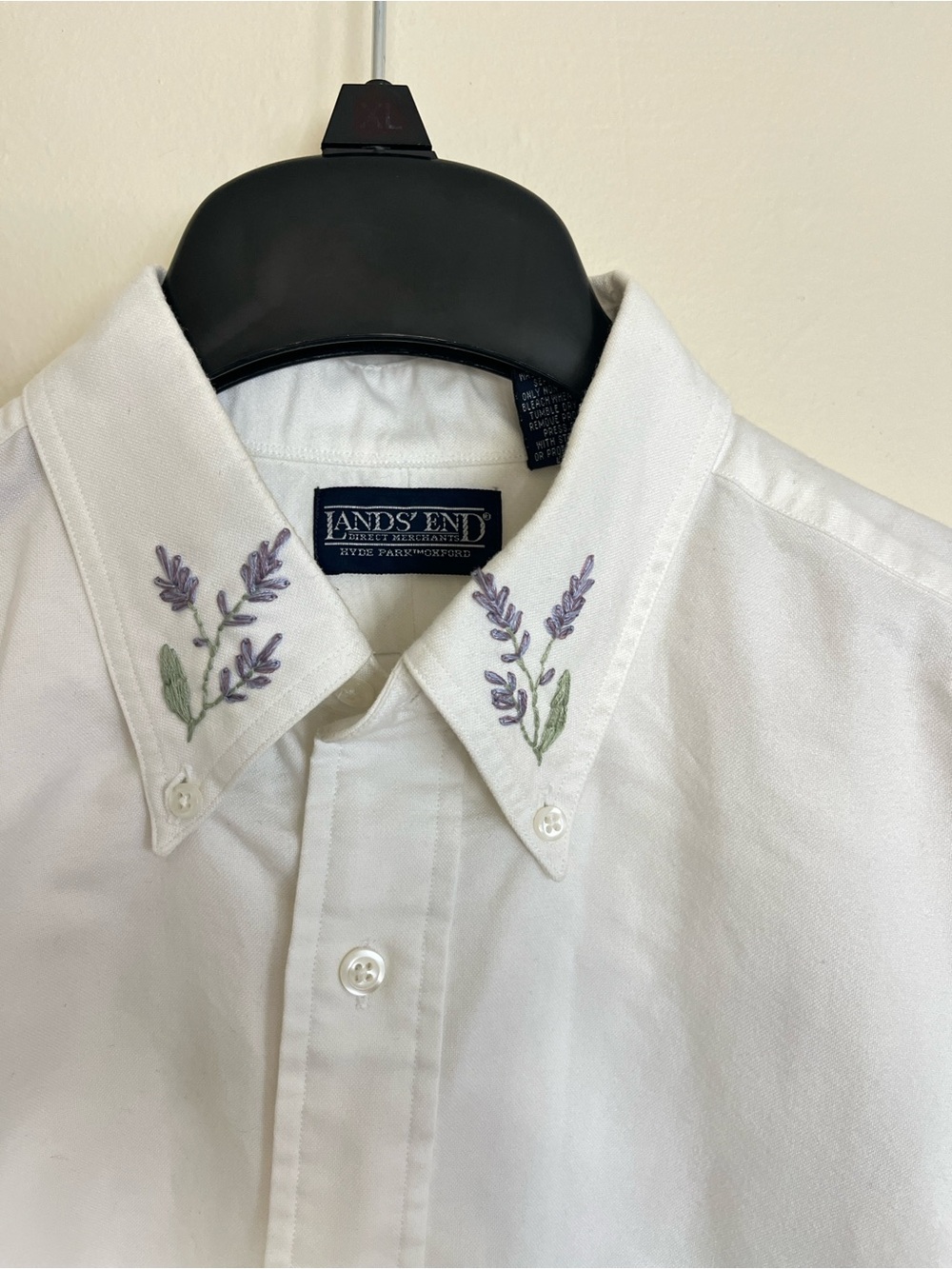 Upcycled Lands' End Men's White Button-Down Shirt with Lavender Embroidery